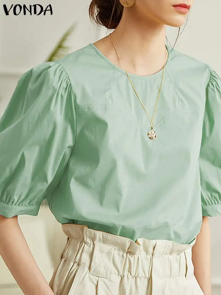 

Women Fashion Blouses 2023 VONDA Summer Short Sleeve Tops Casual Loose Solid Color Shirts Elegant Round Neck Blusas Femininas