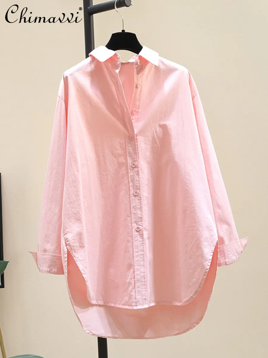 

Casual Long-Sleeved Shirt for Women 2023 Spring New Korean Style Fashion Loose Design Mid-Length Pink Blusas Women's Top