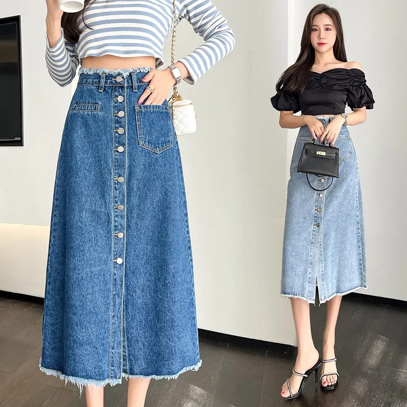

SuperAen 2023 Summer New High Waist A-line Edge Single Breasted Denim Half Skirt Women's Wrapped Skirt
