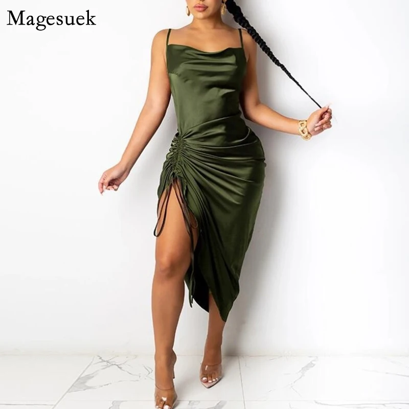 

Summer Dress Sexy Women Spaghetti Strap Backless Satin Dress Lady Elegant Drawstring Women Evening Dresses Party Vestidos 20014