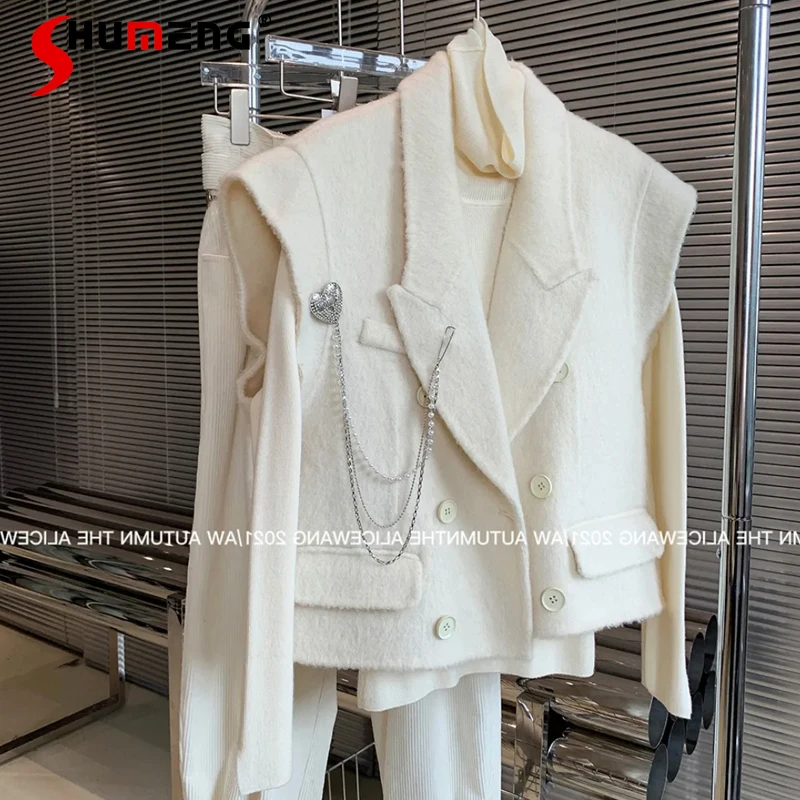 

2022 Spring New Ladies Fashion Double-Faced Woolen Suit Vest Women's Casual Simple Wide-leg Trousers Office Lady Two-piece Sets