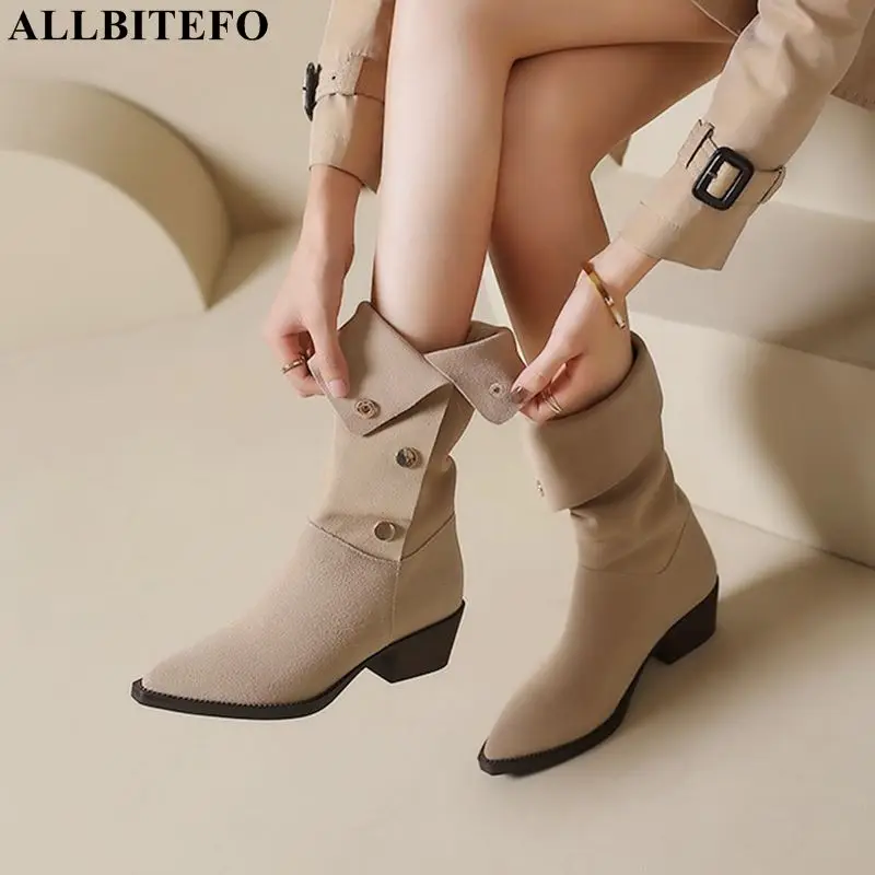 

Size 34-41 Button Design Suede Genuine Leather Thick Heel Women Boots Shoes Catwalk Fashion Winter Female Woman Ankle Boots