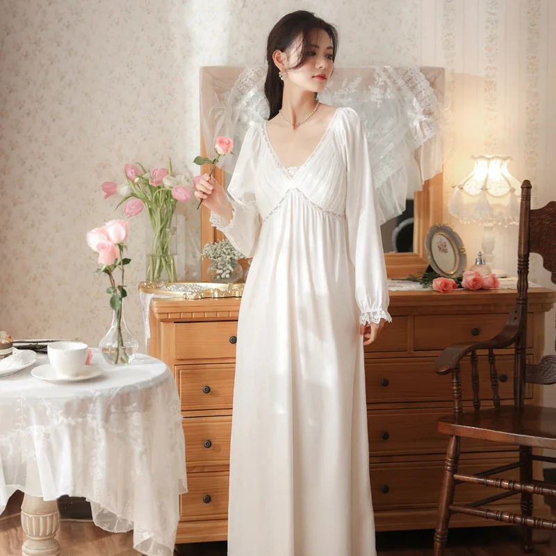 

Romantic Cotton Night Dress Women Sexy Lace Splice White Long Sleeve Peignoir Vintage Victorian Nightgowns Princess Sleepwear