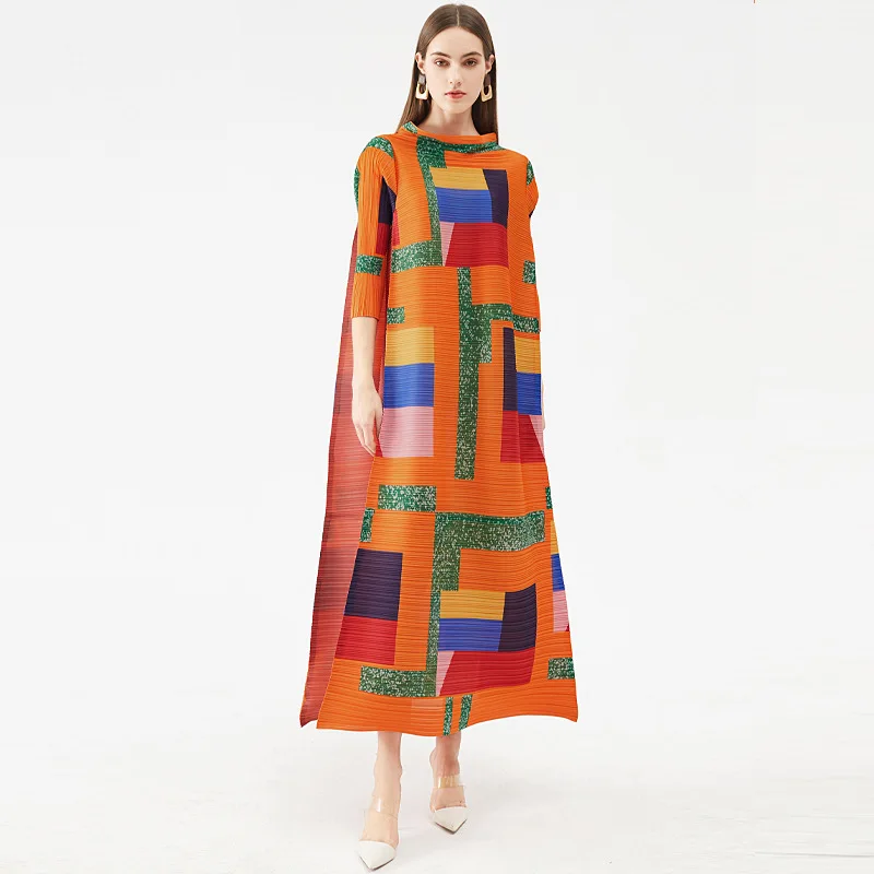 

Miyake Designer Women's Summer New Square Print Long Fashion Trend Pleated Casual Dress Trendy