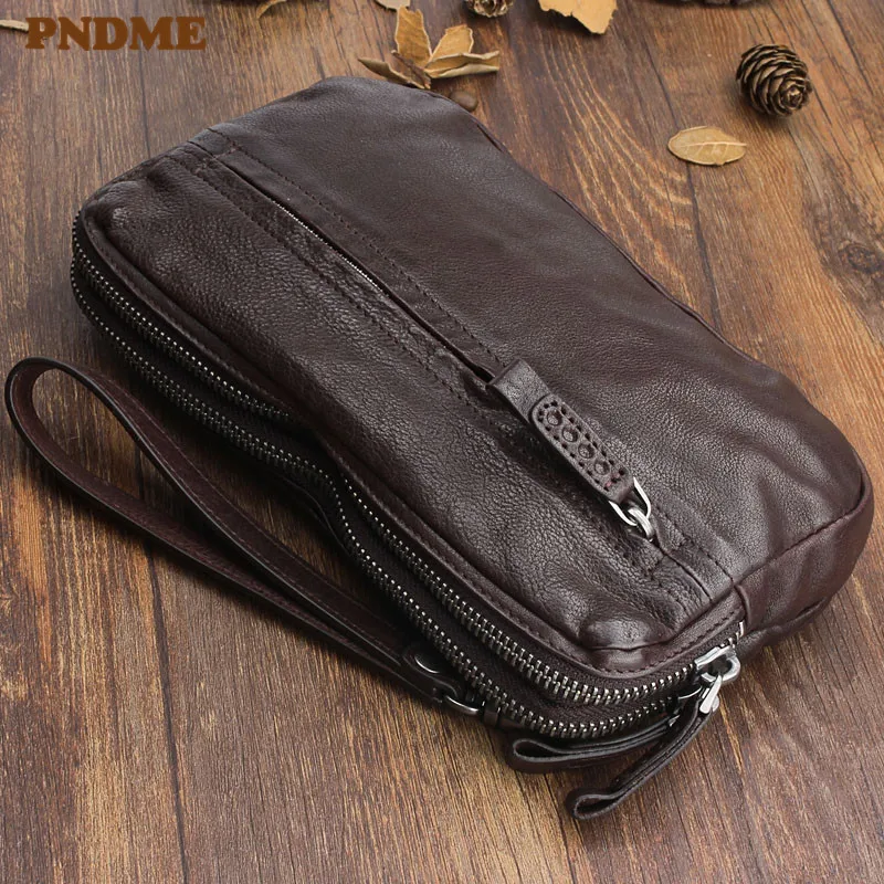 PNDME vintage high-quality genuine leather men's women's large-capacity clutch bag casual luxury real cowhide phone coin purse