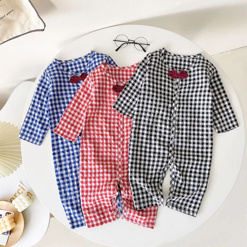 Spring & Autumn Newborn Photography Romper Newborn Baby Clothes Cute Cotton Plaid Tie Full Baby Boy Clothes Baby Girl Romper