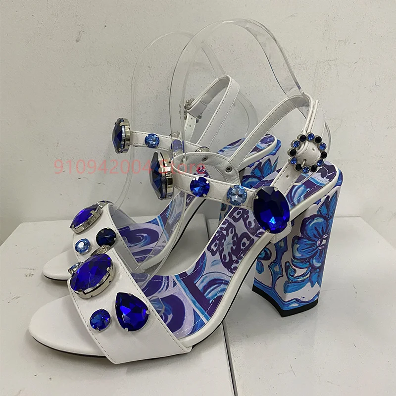 

Летние женские босоножки, модные синие босоножки со стразами на высоком каблуке стразы, вечерние босоножки на массивном каблуке