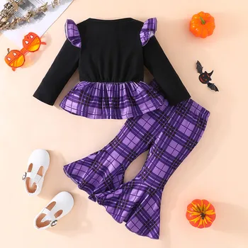 Halloween Plaid Clothes Girls Long Sleeve Print Tops And Pants 2PCS Fall Outfits Clothes Set For Children conjuntos para niños 1