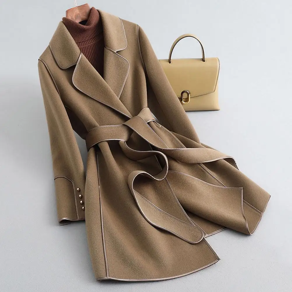 

Korean Style Women Coat With Waist Belt Lapel Collar Mid-length Jacket Autumn Winter Female Outwear