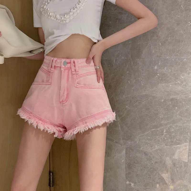 

New Sexy Pink Hot Denim Shorts Women Tassel High Waist A-line Wide Leg Pants Women's summer shorts Streetwear Jeans Shorts Y2K