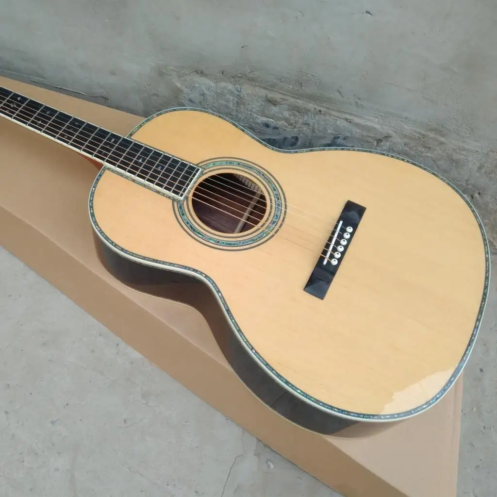 

Real Abalone 39" Solid Spruce OOO Type Acoustic Guitar,Ebony Fingerboard 000 Style Rosewood Back and Sides Guitarra