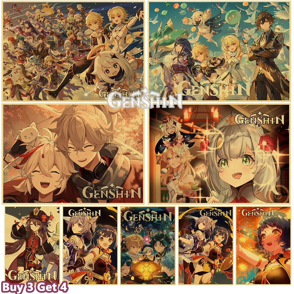 Аниме постеры Genshin Impact из крафт-бумаги в стиле ретро художественные для гостиной