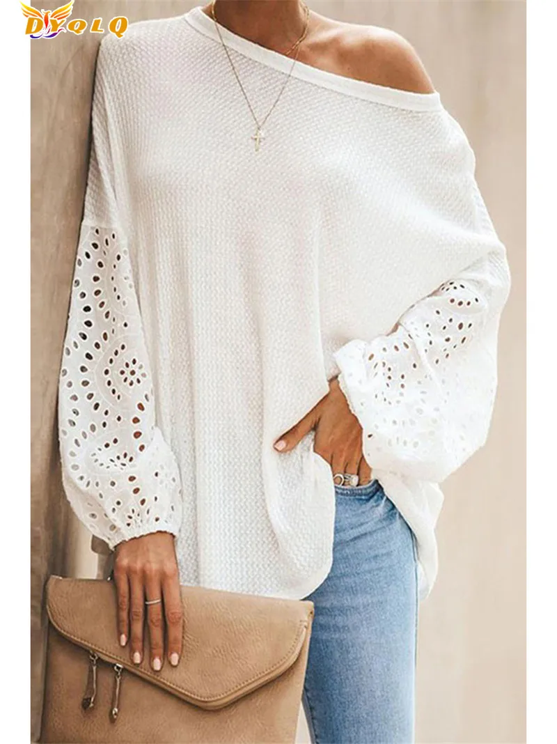 

2022 Winter Fashion Knitt Stitching Hollow Lace Lantern Long Sleeves Solid Color Loose Slant Collar Off Shoulder Women T-Shirt