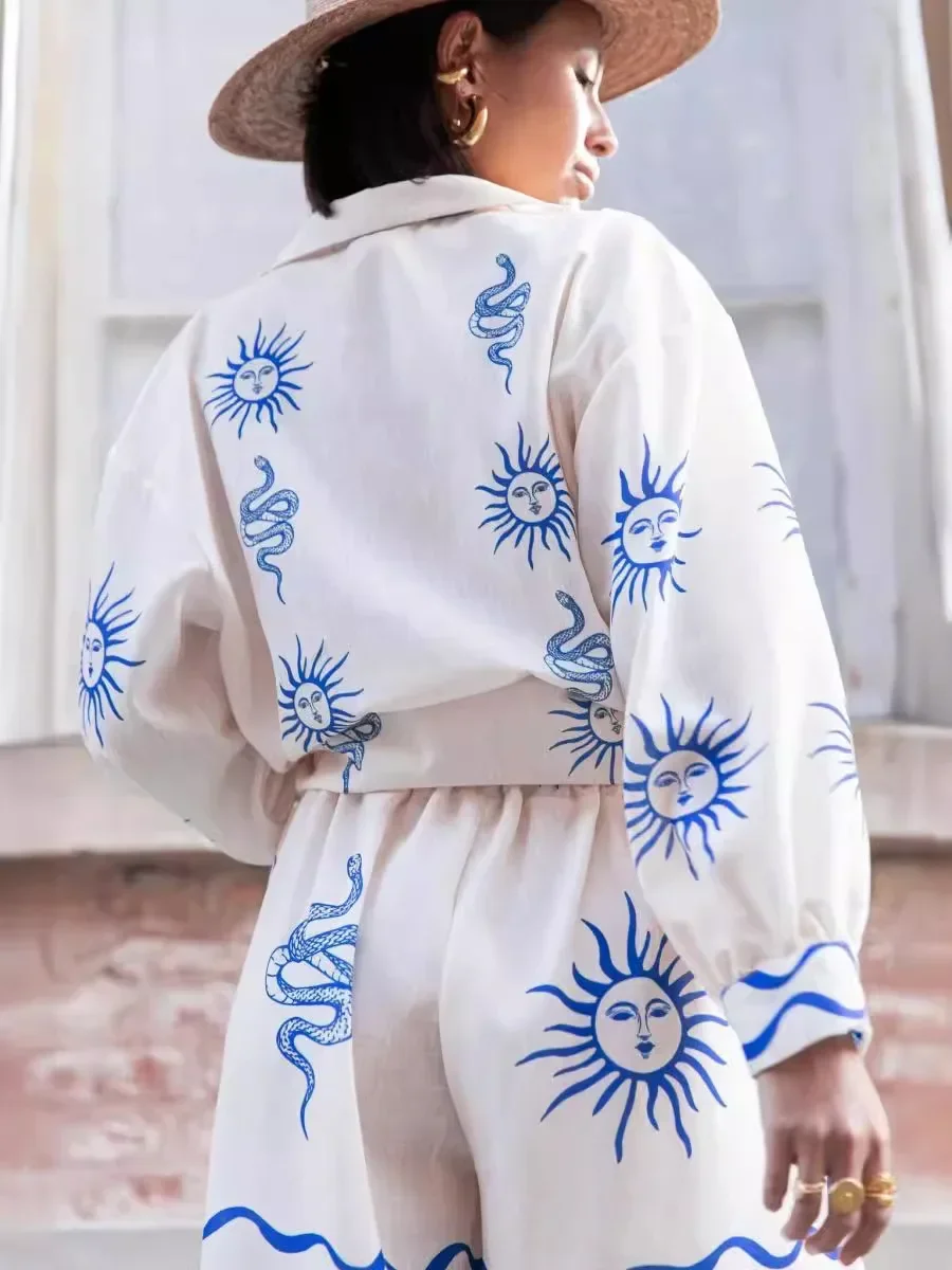 Женские свободные брючные костюмы летняя рубашка с длинным рукавом принтом