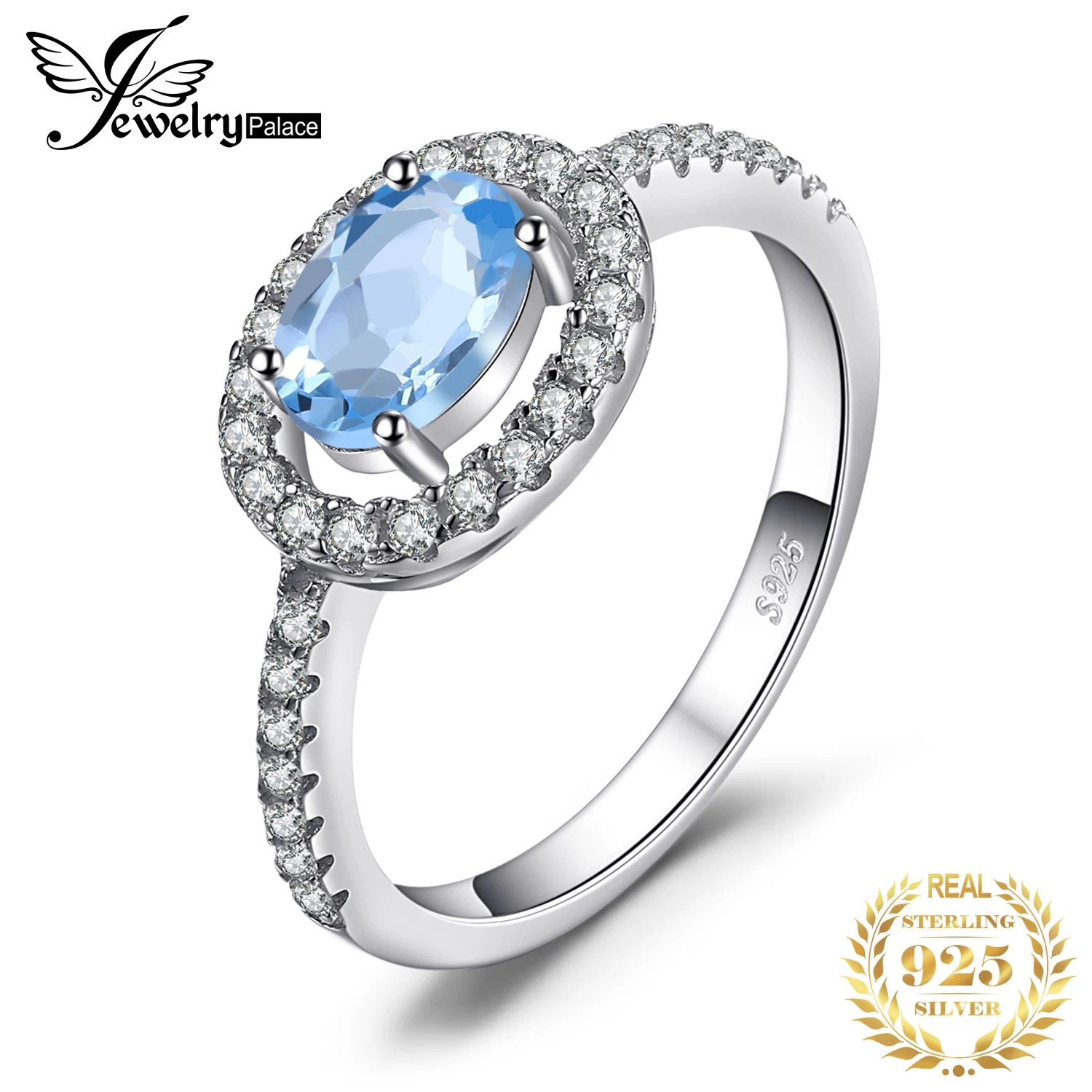 

JewelryPalace Oval Natural Blue Topaz 925 Sterling Silver Halo Ring for Woman Fashion Gemstone Wedding Engagement Promise Gift