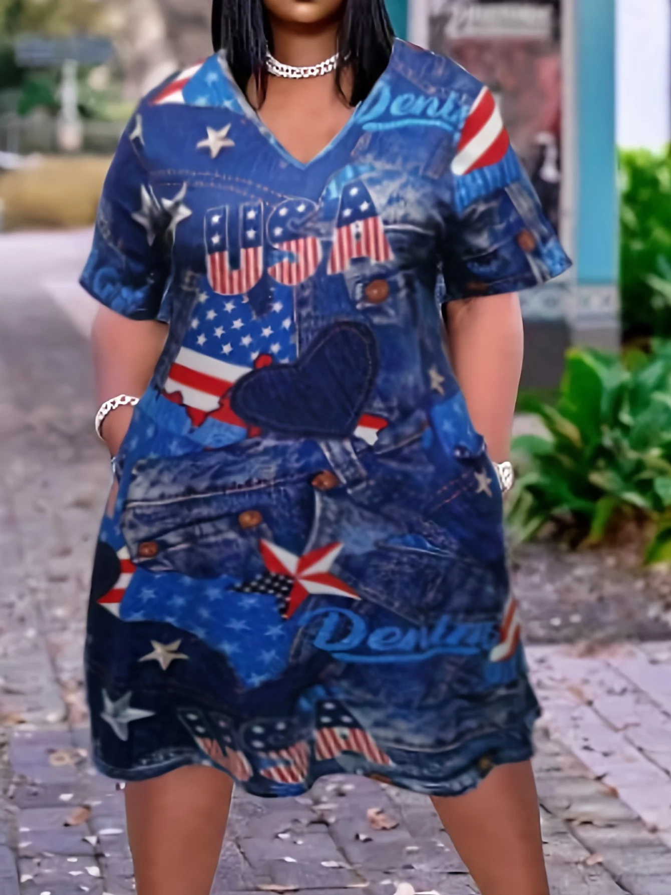 

2023 Early Autumn New Women's V-neck Dress 3D Flag Print Pocket Dress Personalized Fashion Women's Top Factory Direct Sales