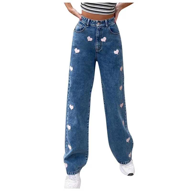 Women's High Waist Loose Solid Color Love Print Denim Pants 2021 Casual Fashion Design Comfortable Jeans Female Streetwear Pop