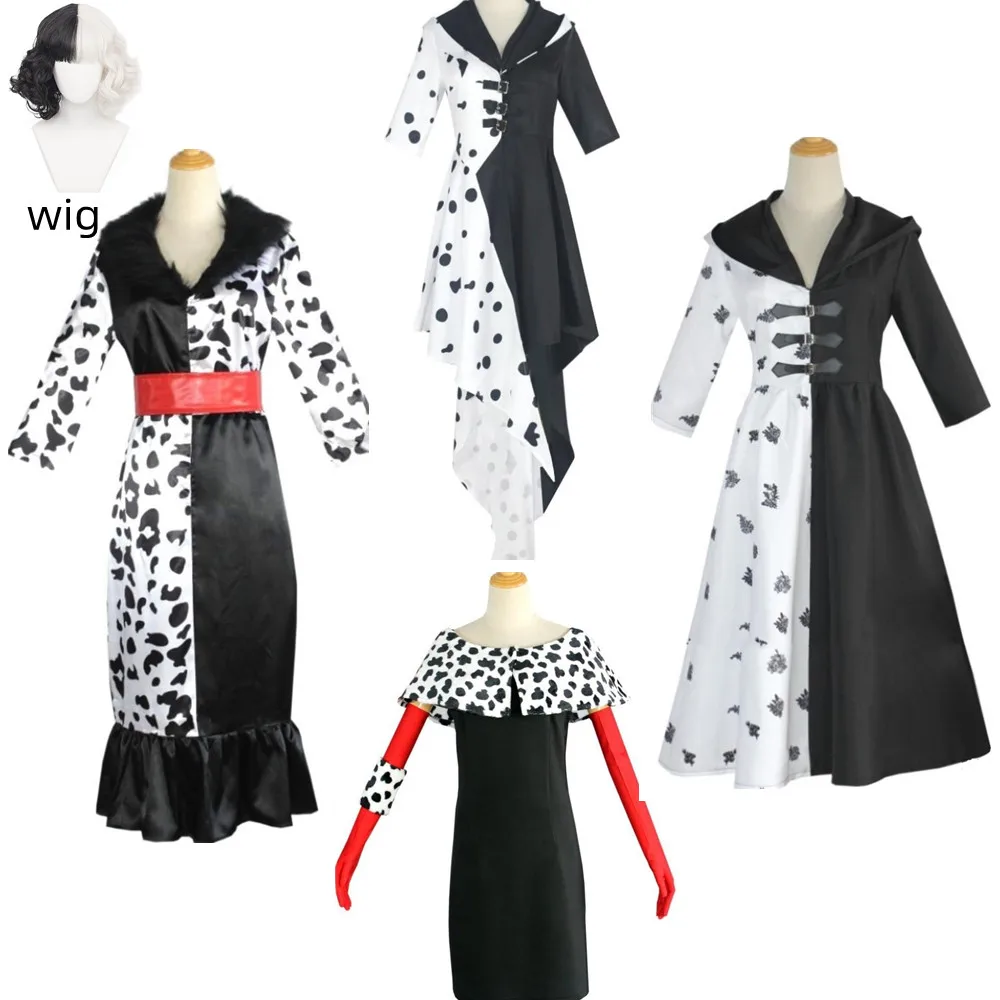 Movie 101 Dalmatians Cruella De Vil Ccosplay Costume Wig Wave Point Printing Tight Dress Woman Sexy Christmas Carnival Uniform