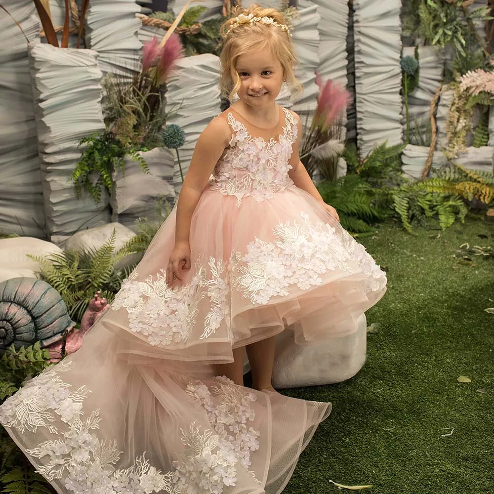 

Luxury Pink Flower Girls Dresses 2023 Lace Applique A-Line Kids Wedding Party Dress Hi-Lo Sweep Train Cute Girl Princess Gowns