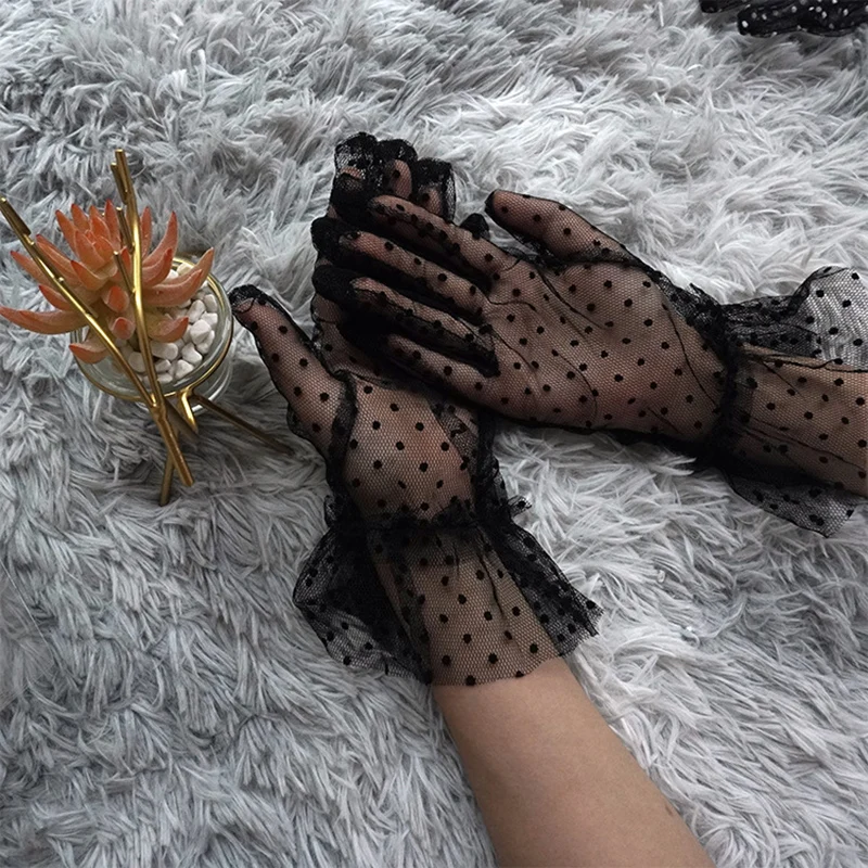 

Summer Thin Lace Gloves For Women Tulle Dot Print Full Finger Mittens For Ladies Sexy Transparent Sheers Female Short Gloves