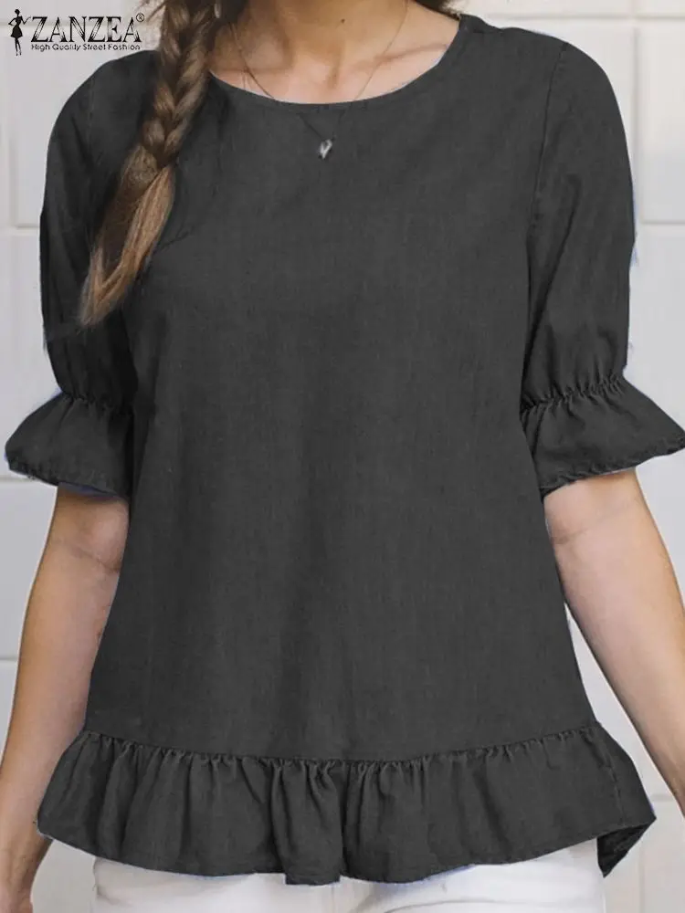 Модные летние топы ZANZEA с рукавом до локтя и оборками на подоле джинсовая синяя