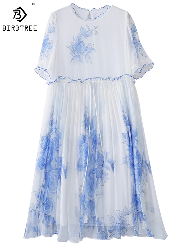 

Birdtree 9MM Shun Yarn 100% Mulberry Silk Dress (Lining) Blue Mist Rose Print Gentle Temperament Elegant Long Dress D38938QD