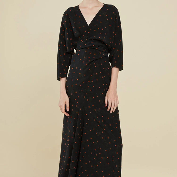 

Orange Polka Dot Print Women Silk Dress 2022 New Lace-up Three Quarter Sleeve V-neck Female Irregular Wrap Robes