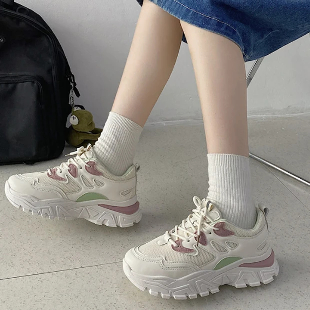 

2022 Spring New White Platform Sneakers Women Chunky Shoes Breathable Sport Women Casual Shoes Lace-up Women Vulcanized Shoes