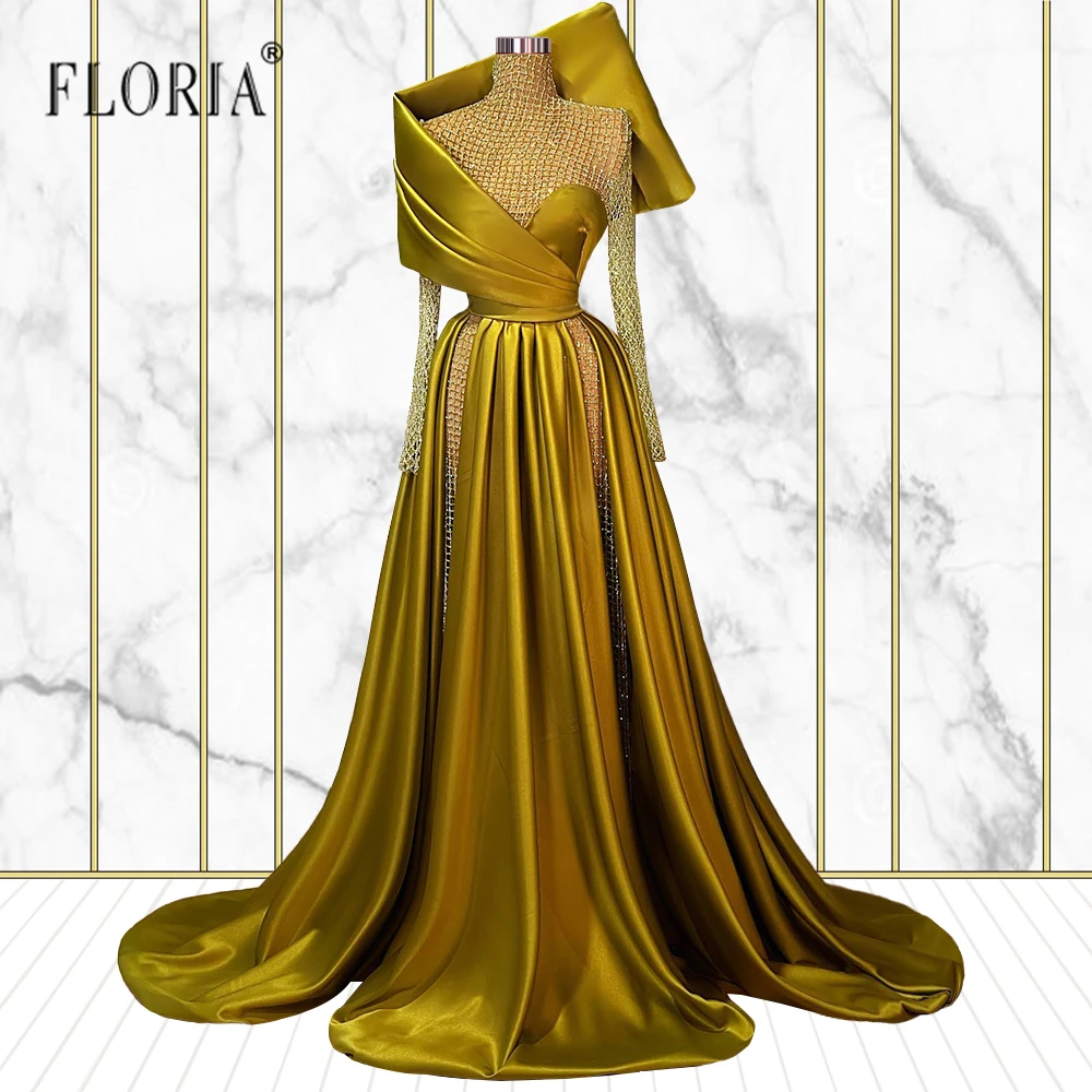 

Arabic Aso Ebi Luxurious Evening Dress High Neck Full Sleeves Soft Satin Vestidos De Fiesta Green Prom Dresses Special Occasion
