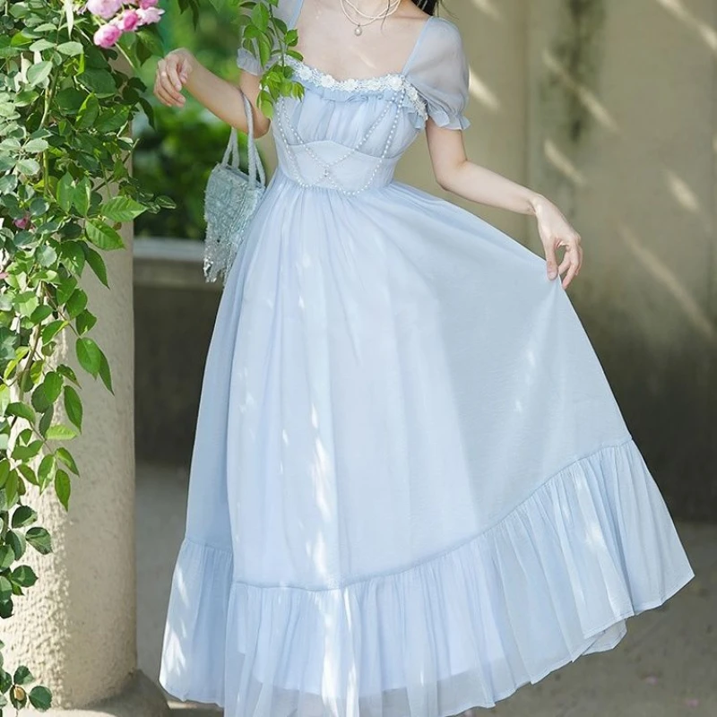 

Женское винтажное платье во французском стиле, Элегантное синее платье-трапеция с пышными рукавами и квадратным вырезом, однотонное платье...