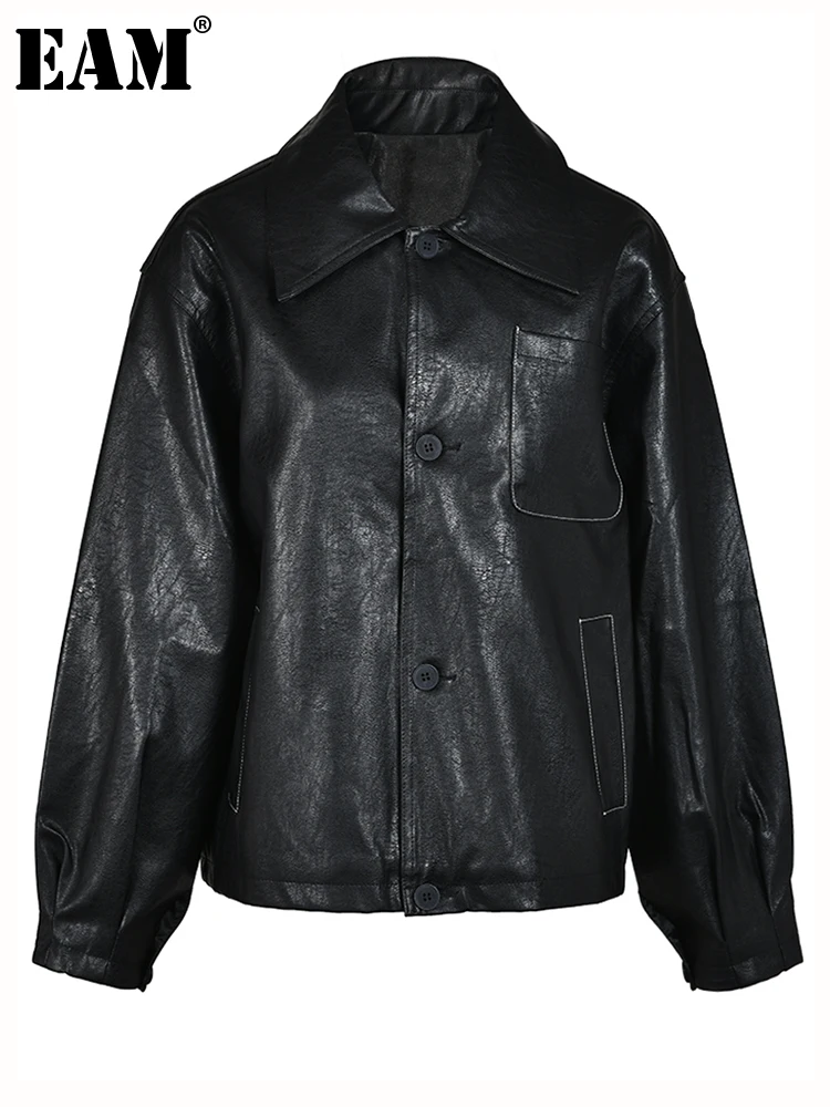 

[EAM] Loose Fit Black Pu Leather Big Size Jacket New Lapel Long Sleeve Women Coat Fashion Tide Spring Autumn 2023 1DH1538