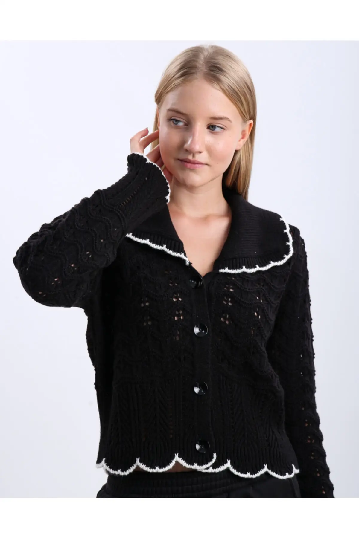 

Women's Cardigan Black Baby Collar Mini Knitted Knitted Knitted Knitted Quality Fashion Sweaters Loose Jumper