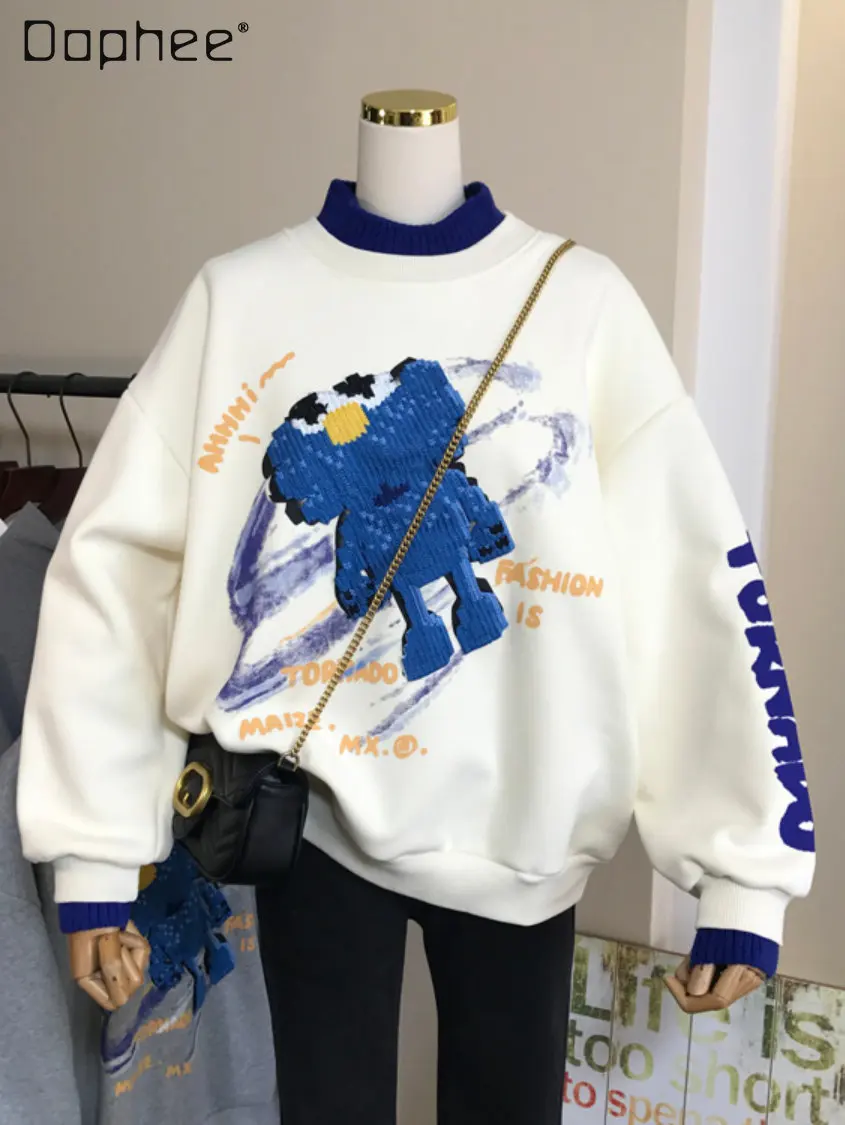 

Autumn Winter Cartoon Knit Stitching Mock Neck Neck Hoodie Women Fake Two Pieces Pullover Loose Fleece Long Sleeves Sweatshirts