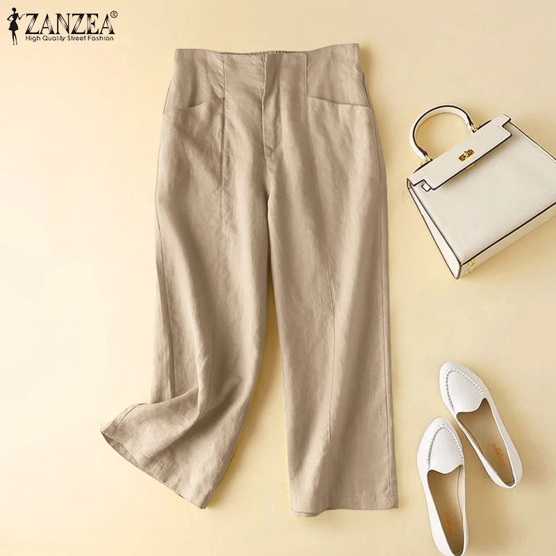 

Elegant Office Work Pantalon Fashion Pockets Palazzo Women Spring Cotton Solid Pant ZANZEA Elastic Waist Trousers Femme Oversize