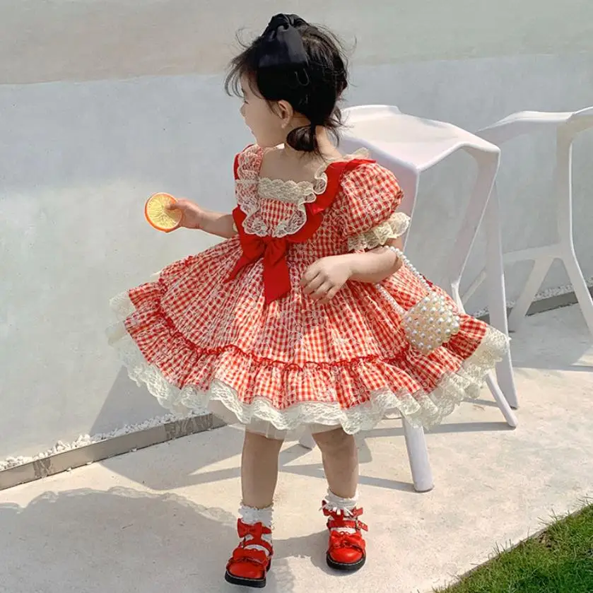 

Spanish Vintage Lolita Plaid Ball Gown Lace Bow Stitching Design Birthday Party Princess Dresses For Girls Easter Eid A1460