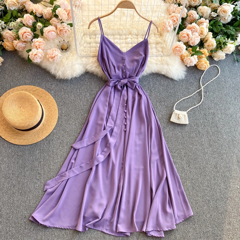 

Womens 2022New Summer Sexy Spaghetti Straps Lace-up Waist Dress Elegant Vintage Sleeveless Mid-Calf Button Dress Holiday Vestido