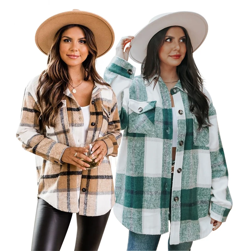 

Fashion Plaid Women's Coat Brushed Loose Lapel Single Breasted Long Sleeve Shirt Contrast Casual Commuter Women's Top