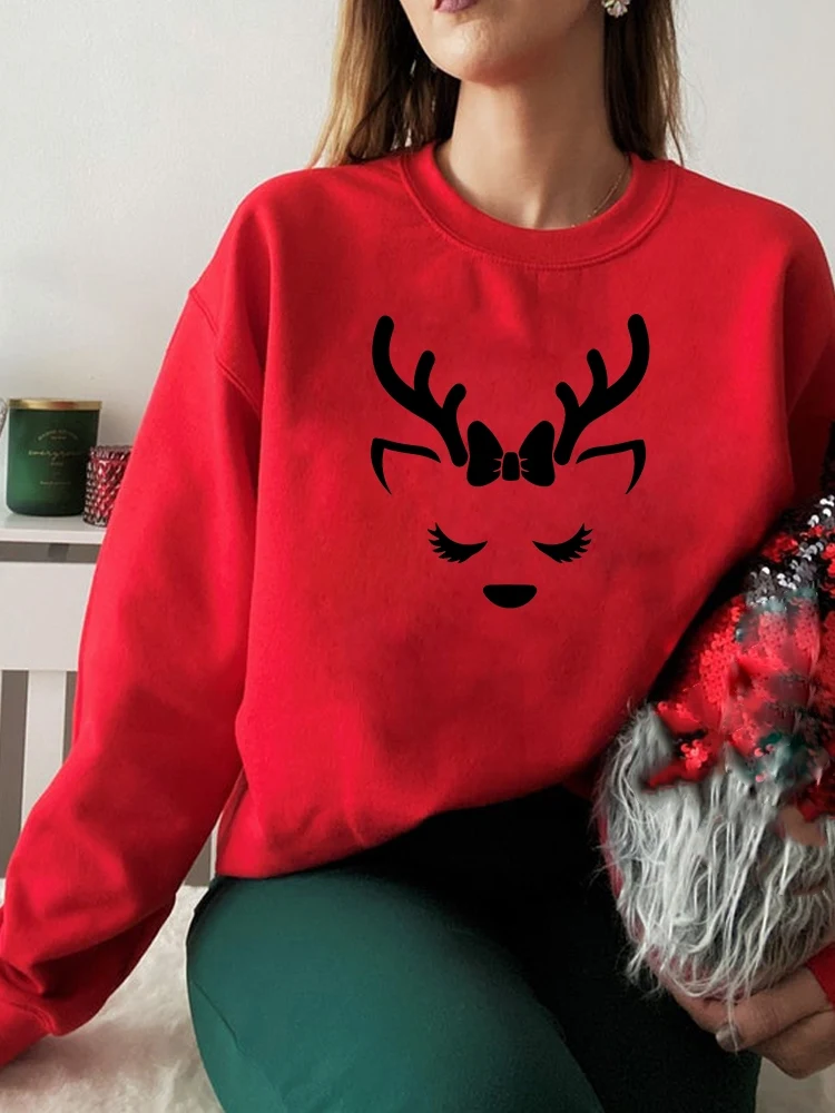 

Deer Face Lovely Cute Merry Christmas Women Fashion Clothes Clothing Festival Graphic Pullover Cartoon Female Red Sweatshirts