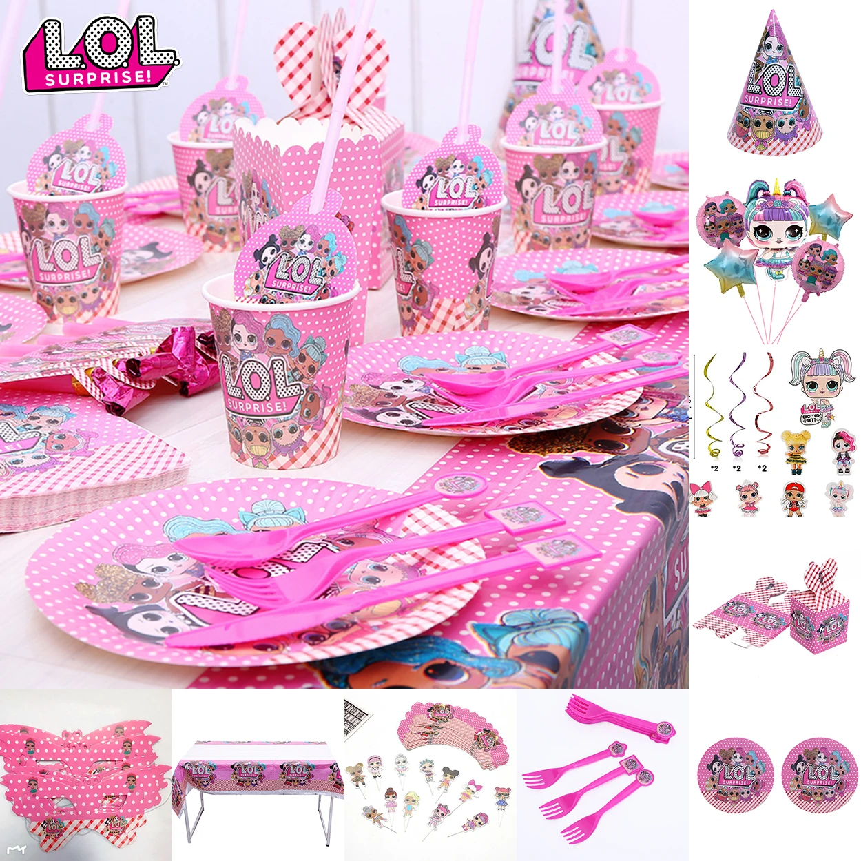 

LOL Surprise Dolls Party Supplies Kawaii Girls Anime Birthday Balloons Cartoon Disposable Paper Cup Plate Tablecloth Knife Spoon