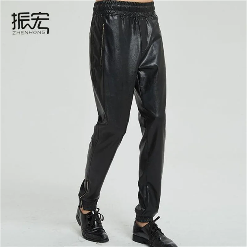 Black motorcycle faux leather pants mens feet pants elastic force fashion pu trousers for men personality pantalon homme