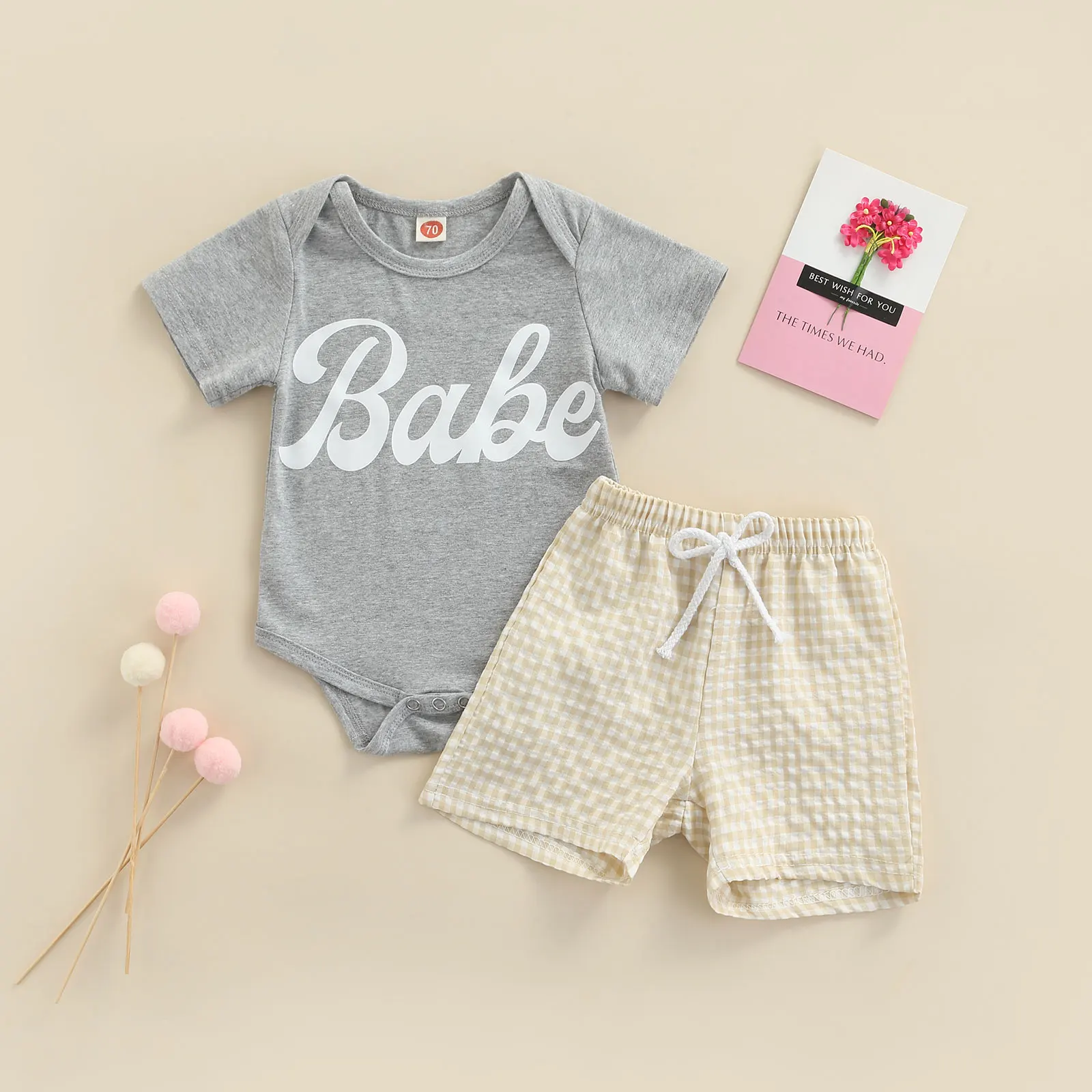 2 Pcs Newborn Baby Boy Girl Clothes, Babe Letter Print Short Sleeve Rompe Bodysuit T Shirts +Shorts with Drawstring