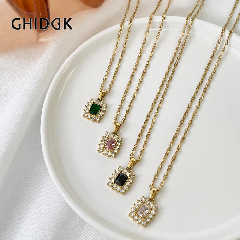 

GHIDBK Shiny Stainless Steel Gold Plated Water Wave Chain Colorful Rectangle Zircon Pendant Necklace Layering Jewelry Trendy