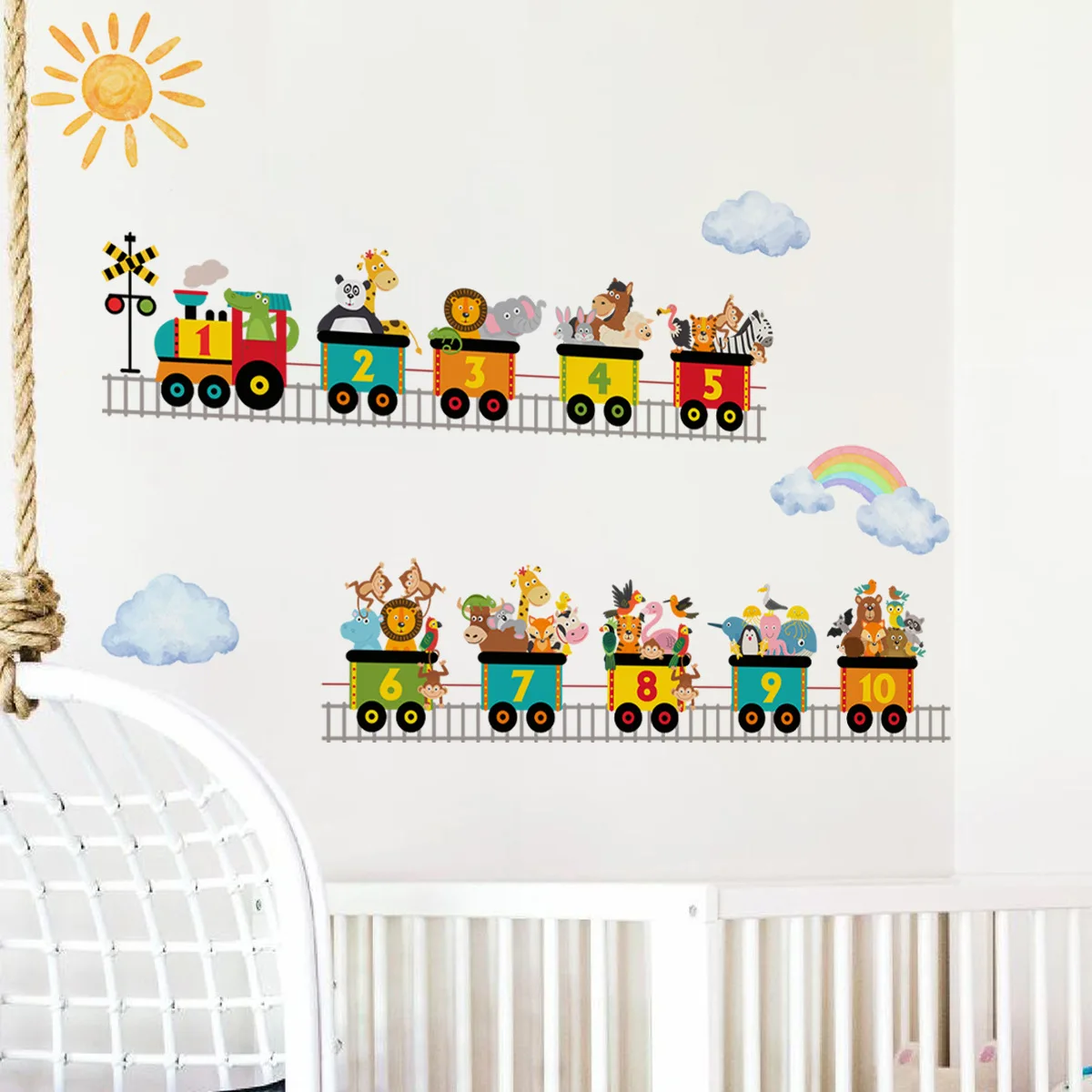 Акварельные Мультяшные животные цифры поезд медведь слон жираф настенные