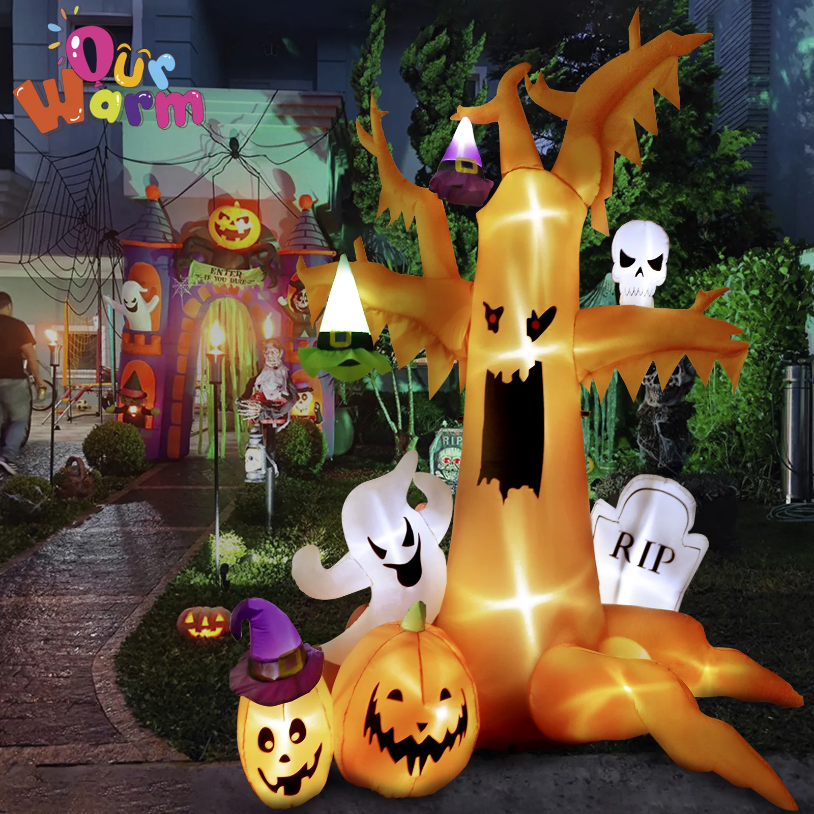8Ft Scary Halloween Inflatable Dead Tree with Ghost Pumpkins Tombstone Outdoor Decor With Led Light Lawn Party Waterproof Toys