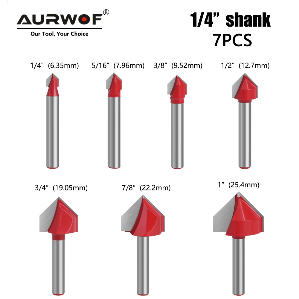 AURWOF 7pc 1/4 shank  90 V Type Slotting Cutter Carving Grooving Tools router bit set Safety Milling Cutters