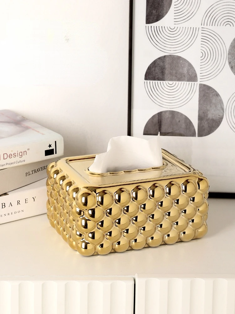 

Ceramic Tissue Box Golden Polka Dot Bump Desktop Storage Organization Napkin Holder Dining Table Paper Box Paper Napkins