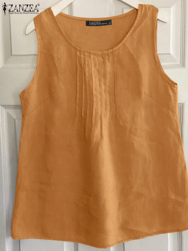 Винтажная однотонная летняя блузка ZANZEA без рукавов с круглым вырезом стильная