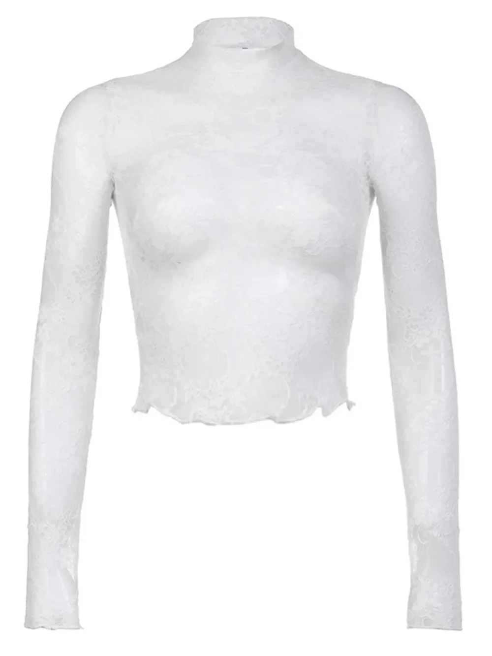 y2k Белый кружевной укороченный топ с водолазкой и длинными рукавами прозрачная