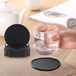 8PCS Round Silicone Mat With Holder Heat Resistant Drink Cup Coasters Non-slip Bowl Placemat Kitchen Accessories