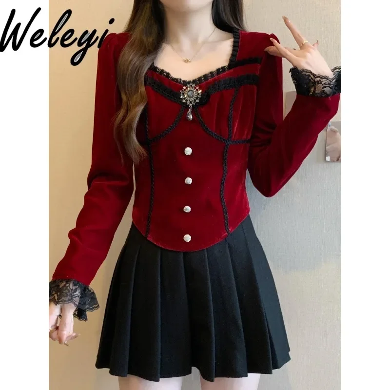 Осень и зима новая элегантная красная бархатная рубашка большого размера